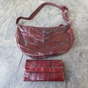 Vintage Burgundy Women's Geniune Eel Skin Shoulder Bag & Wallet Set